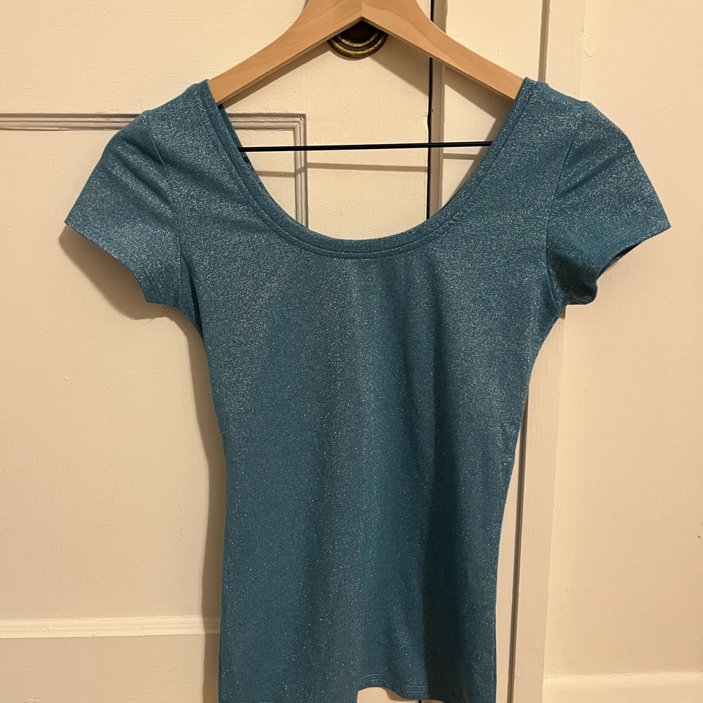 Wet Seal Vintage Y2K Teal Glitter Scoop Neck Tee